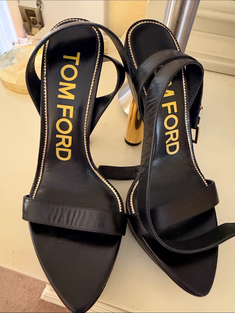 Tom Ford Black Leather Sandal with Gold Heel